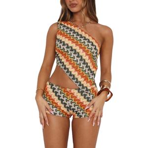Wuitrie Summer Two Piece Sets for Women 2025 Sexy Slanted Shoulder Backless Tops Shorts Beach Vacation Clothes (Medium, Multicolor)