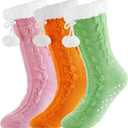 ramede Womens Fuzzy Slipper Socks with Gripper Winter Pastel Cozy Non Slip Winter Lined Warm Thick Soft Socks Gift (Orange Pink Green)