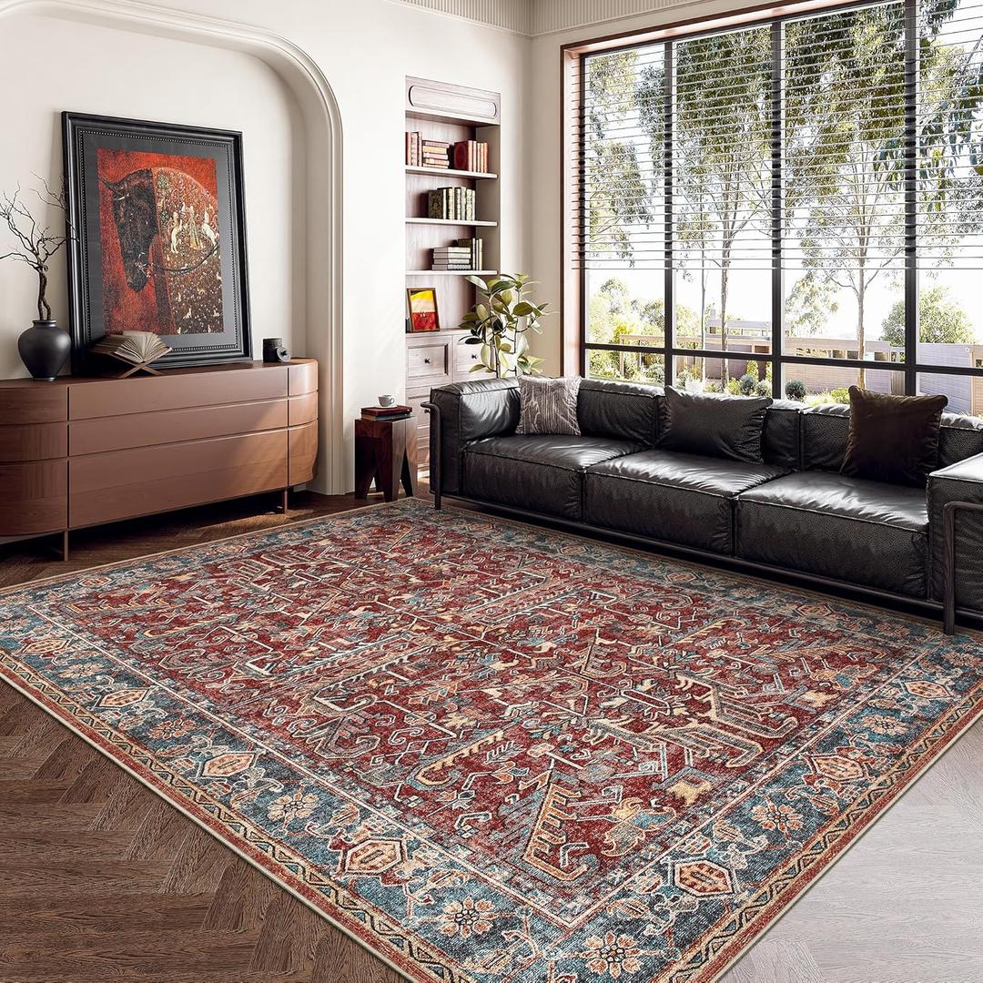 Valenrug Washable Rug 5x7 - Ultra-Thin Antique Collection Area Rug, Stain Resistant Rugs for Living Room Bedroom, Distressed Vintage Rug (Red, 5'x7')