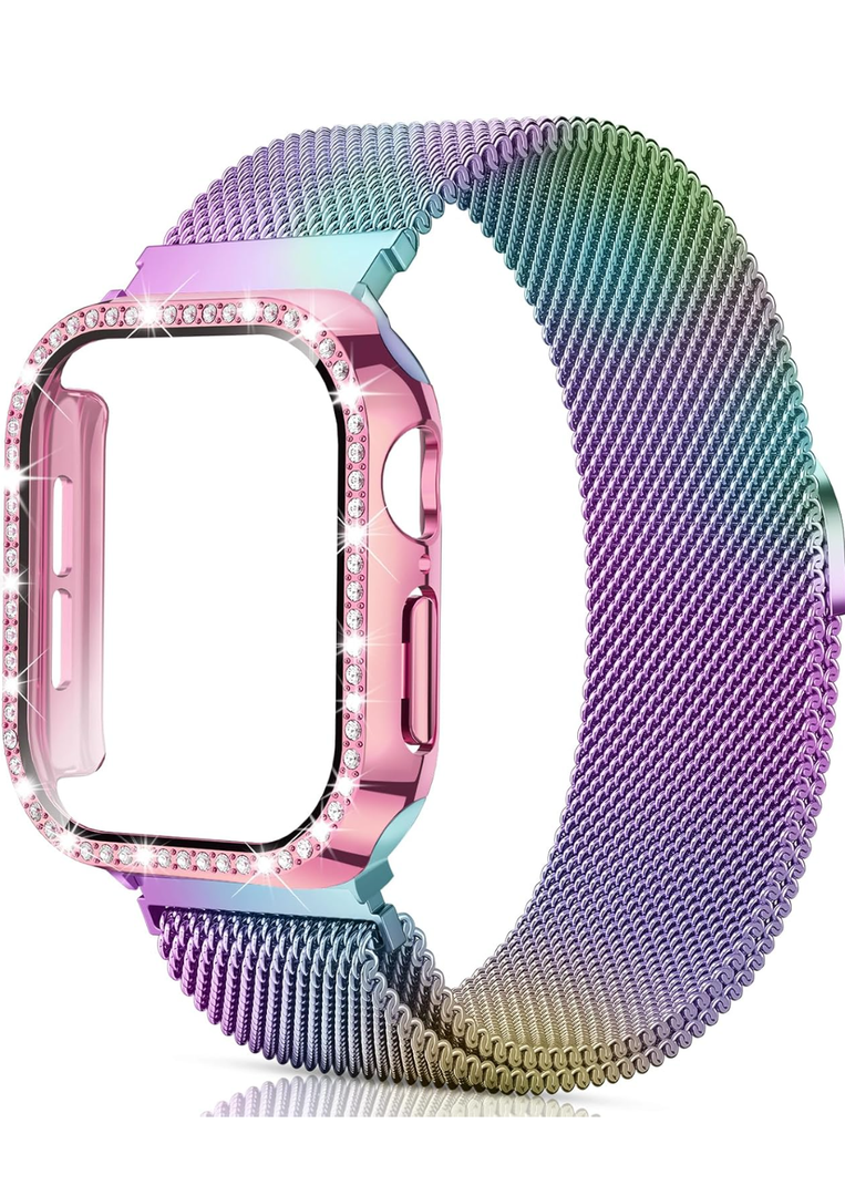 Mesh Loop with Bling Case Compatible with Apple Watch Band 38mm 40mm 41mm 42mm 44mm 45mm 46mm, Stainless Steel Metal Strap with Cover for iWatch Series 11 10 9 8 7 6 5 4 3 2 1 SE for Women