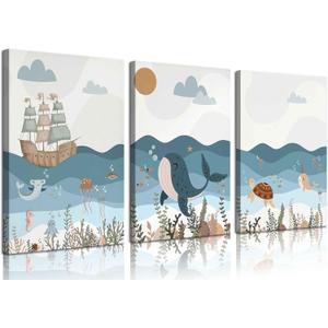 3Pcs Nautical Nursery Canvas Wall Art Blue Beach Animal Wall Decor Pictures Ocean Kids Room Sea Whale Prints for Baby Boys Girl Children's Room Bedroom Decoration, 16x24 Inch