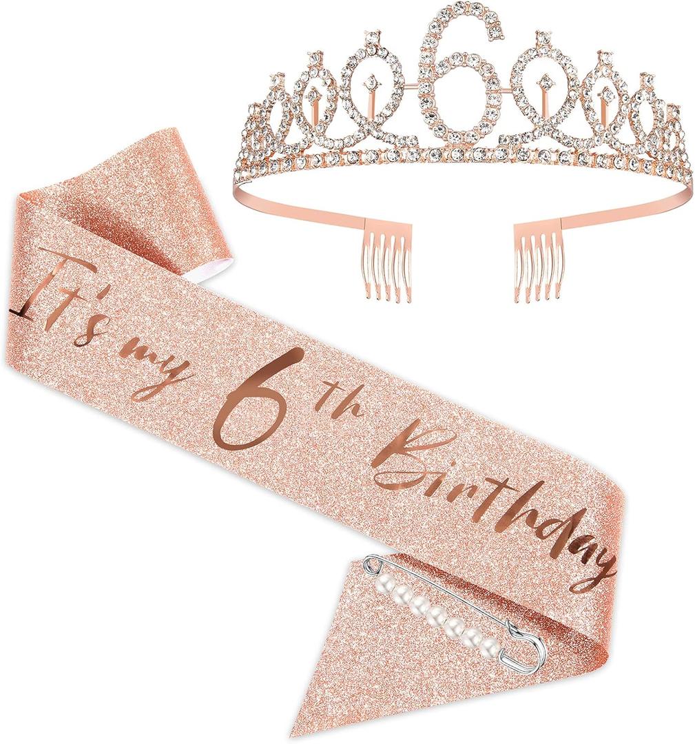 BRT Bearingshui 6th Birthday Sash and Tiara for Girls, Rose Gold Birthday Sash, Tiara & Cake Topper Set