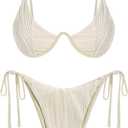 ZAFUL Women's Textured Underwire Bikini Set V Notch High Cut Swimwear Tie Side Ribbed Sexy Swimsuits (Beige, XS)