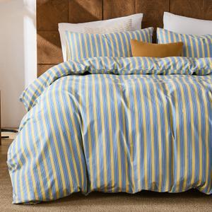 Merryword 100% Cotton Duvet Cover Set Queen Size, Blue & Yellow Striped Bedding Set with Zipper Closure and 8 Corner Ties, Modern Coastal Style Comforter Cover Set 3 Pieces