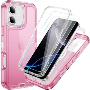 Compatible with iPhone 16 Case with HD Screen Protector, Heavy Duty Shockproof [3 in 1] Clear Phone Cases for iPhone 16 6.1" (Pink)