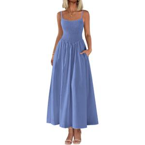 PRETTYGARDEN Women's Smocked Maxi Dresses 2025 Summer Beach Sundress Casual Spaghetti Strap Swing A Line Long Flowy Dress (Medium, Blue)