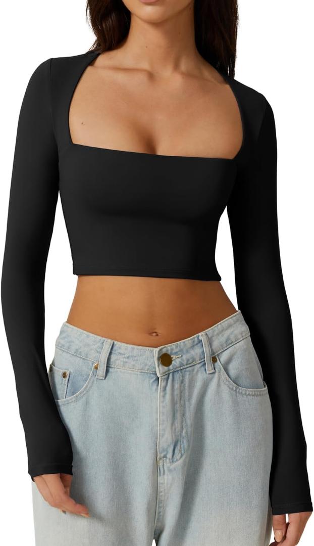 QINSEN Women's Sexy Square Neck Crop Top Long Sleeve Slim Fit Cropped T Shirts (Black)XS