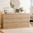 Fluted Dresser for Bedroom with 9 Drawers,62.99" Modern Chest of Drawers with Faux Marble Top, Curved Profile Design,Dresser TV Stand, Wood Drawer Organizer for Living Room, Hallway, Wood