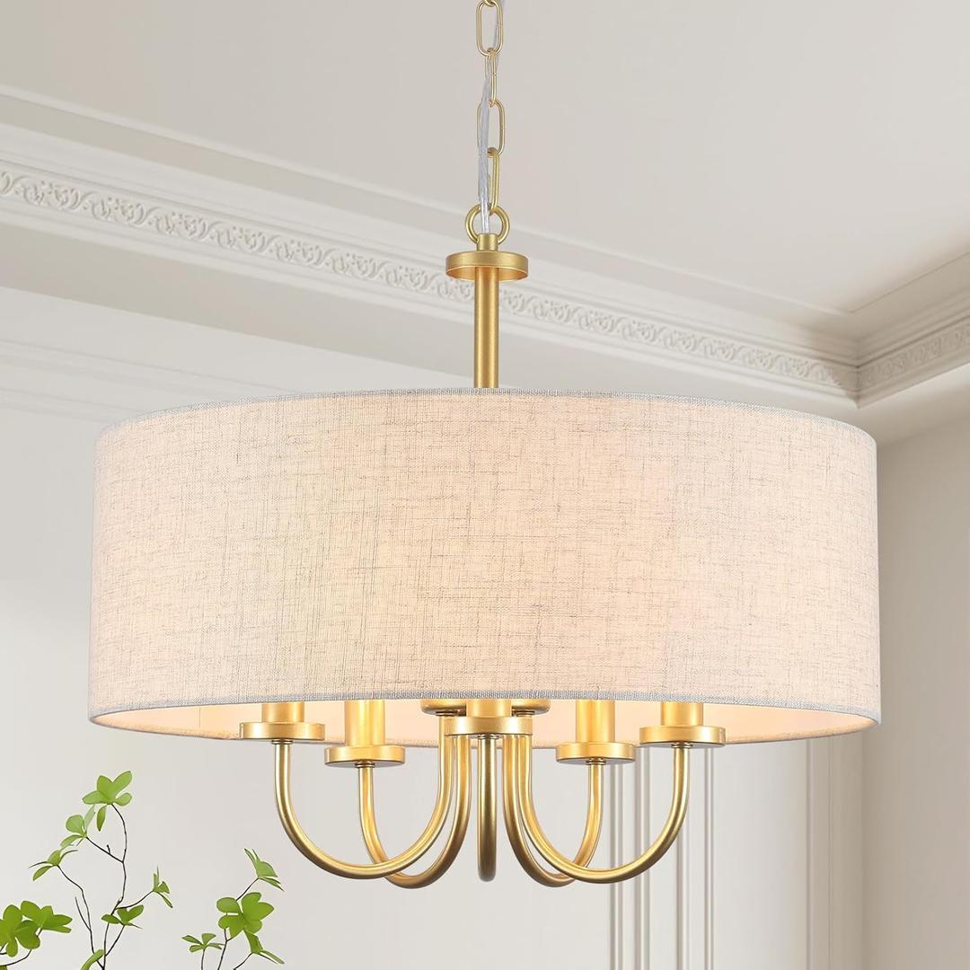 Drum Chandeliers for Dining Room, 5 Light White Drum Light Fixture Brass Round Chandelier with Linen Shades, 19" Fabric Pendant Light Gold Farmhouse Chandelier for Living Room Kitchen Bedroom Foyer
