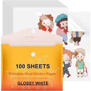 HTVRONT Printable Vinyl Sticker Paper, 100 Sheets Glossy Waterproof Sticker Paper For Inkjet Printer Dries Quickly-Standard Letter Size 8.5"X11"