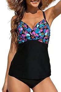 Halcurt Women's Twist Front Tankini Swim Top Only V Neck Loose Fit Bathing Suit Push Up Swimsuit Top Multicolor Dots XL