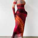 MARZXIN Women Long Sleeve Maxi Dress Bodycon Ruched Formal Slim Fit Tie Dye Dress Formal Mesh Dress (XL)