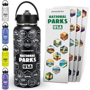 National Parks Black Water Bottle with Durable Stickers  32oz Insulated Stainless Steel Water Bottle with Spout Lid  Insulated for Cold and Hot Drinks  Metal Bottle for Gym, Hiking, Camping