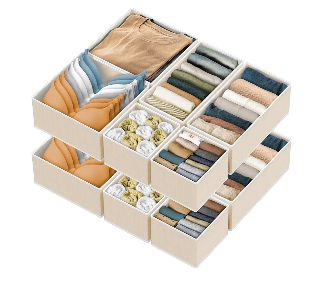 Simple Houseware Foldable Drawer Organizer Set of 12, Beige – Fabric Storage Bins for Clothes, Underwear, Bra, Panty, Socks, Onesies – Closet & Dresser Drawer Dividers for Home Organization