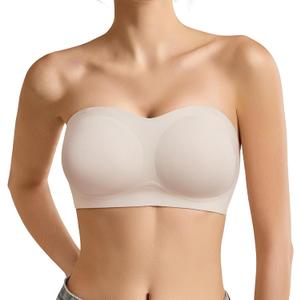 Strapless Bra for Women Bandeau Bras Wireless Seamless Padded Tube Bra Non-Slip Silicone Invisible Bralette (Beige, Small)