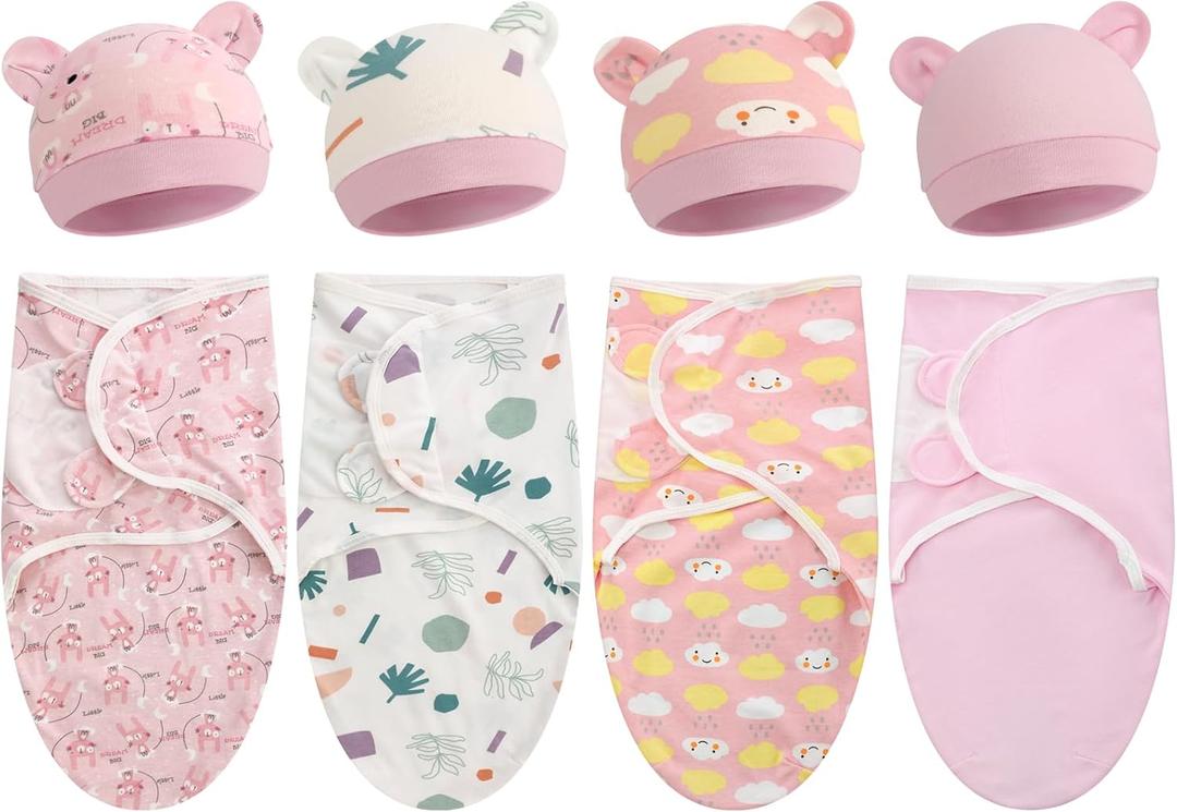 Buryeah 4 Pack Preemie Swaddle Blanket Wrap Set with Hat for Baby Boys Girls 3-7 Lbs Preemie Newborn Clothes Sleepers Cap (Pink)