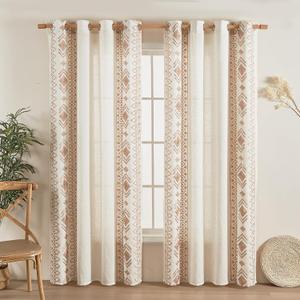 Boho Curtains 63 Inches Long 2 Panels Set for Living Room Cream Linen Embroidered Curtains Bohemian Window Curtains for Rustic Farmhouse Decor Grommet Window Treatment 55x63 Inch, Taupe On Ivory (Beige)