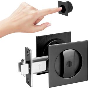 Black Pocket Door Hardware, 2 3/8" Backset, Zinc Alloy Heavy Duty Square Matte Black Pocket Door Lock, Solid Sliding Pocket Door Handle(1 Pack)