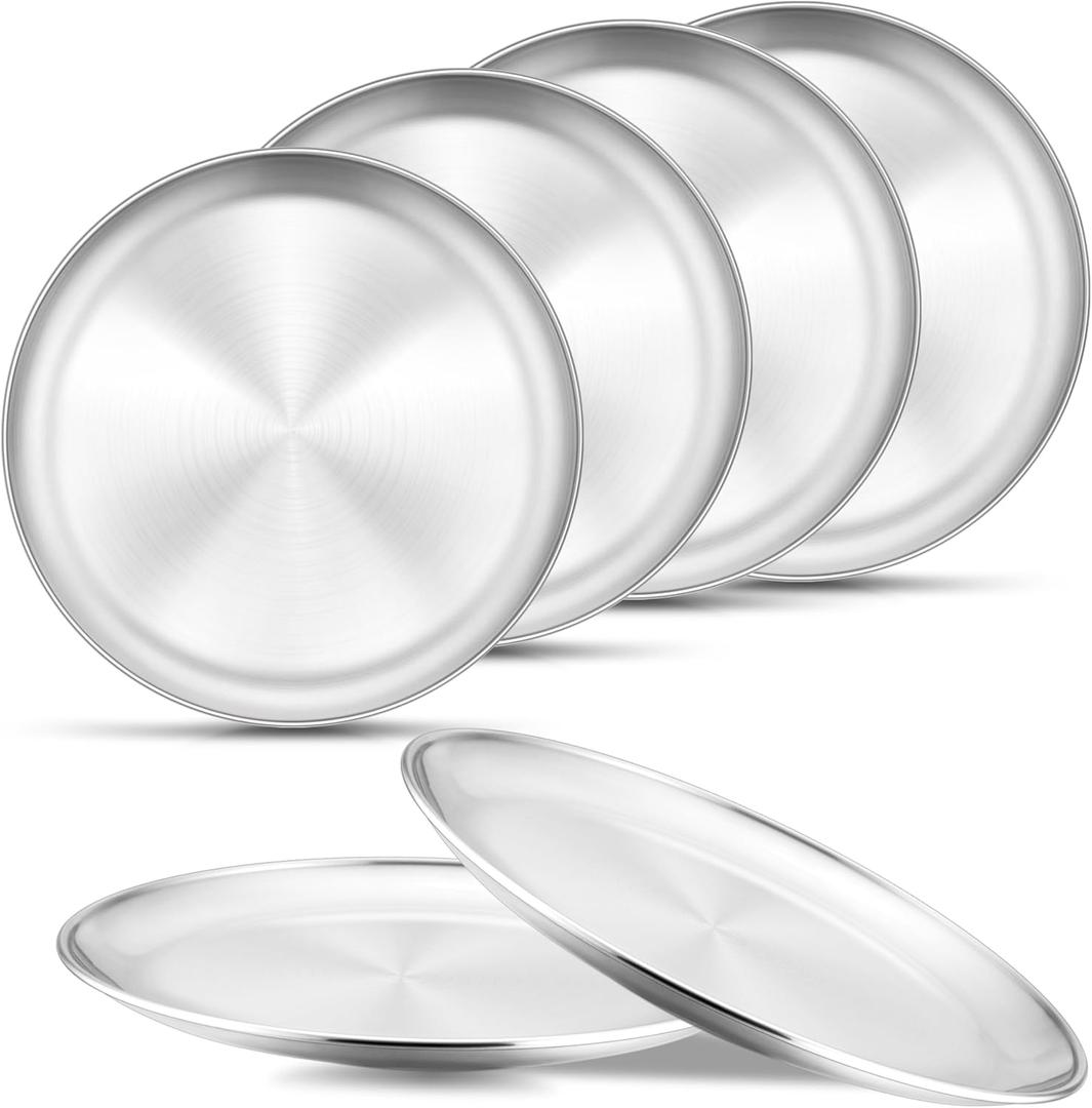 E-far 6-Piece Stainless Steel Plates, 9 Inch Metal Dinner Plates Dishes for Home, Picnic, Outdoor Camping, Healthy & Non-Toxic, Shatterproof & Dishwasher Safe