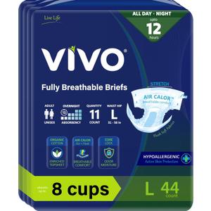 VIVO Organic Cotton Overnight Sensitive Skin Adult Incontinence Diaper Briefs with Tabs, Large 44 Count