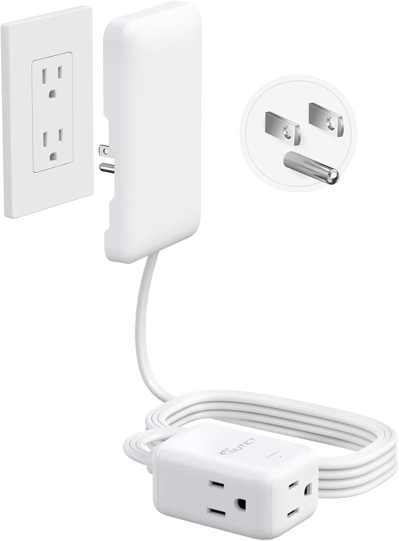 Outlet Cover Extension Cord Long 10ft, 3 Outlets Indoor Flat Extension Cord & Ultra-Thin Flat Wall Plug, 900J Surge Protector, 13A/1625W, ETL Listed, Behind Bed Couch Dresser Furniture, White