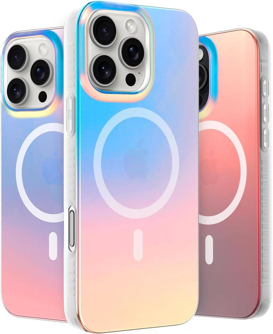 LONLI Hue - Magnetic Case for iPhone 16 Pro Max - [Compatible with Magsafe] - [360 Shock-Absorbent Bumper] - [Cute and Unique Phone Cover for Girls and Women] - Fluorescent Holographic Iridescent