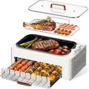 XHJ 4-in-1 Electric Indoor Grill Smokeless for Home,Countertop Electric Grill with Removable Sizzling Grill Pan & Grate + Auto Rotating Kabob Skewers + Electric Hot Dog Roller Dual Zone Cook with Lid