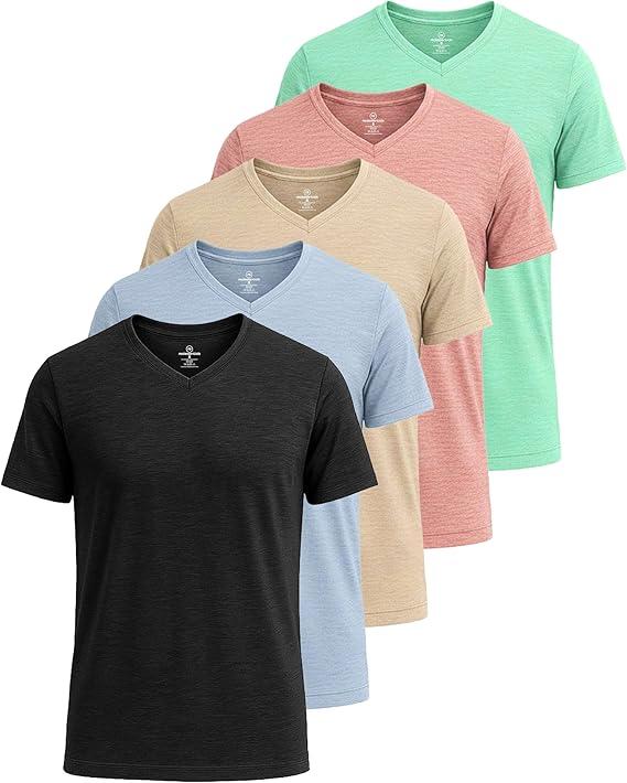 Real Essentials 5 Pack: Men’s V-Neck Dry-Fit Moisture Wicking Active Athletic Tech Performance T-Shirt, M