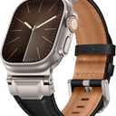 Leather Bands Compatible with Apple Watch Ultra 3/2/1 Band 49mm 46mm 45mm 44mm 42mm, Genuine Leather Metal Connector Strap for iWatch Ultra Series 11/10/9/8/7/SE/6/5/4/3/2/1, Black/Titanium