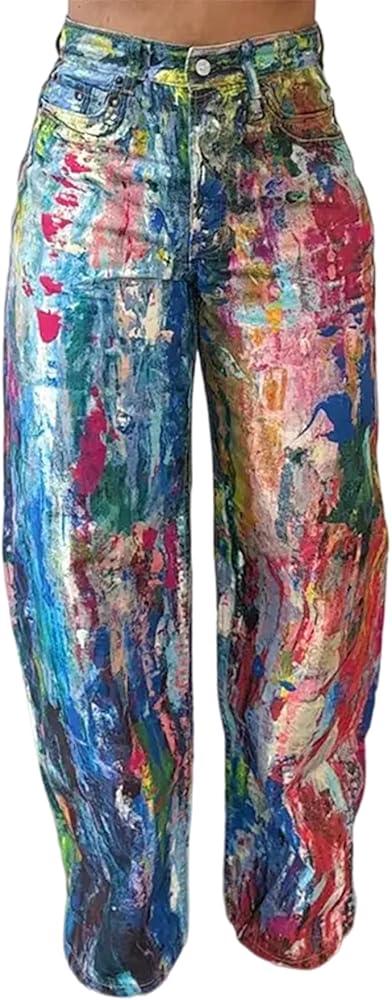 Women's Tie Dye Print Splash Jeans Baggy Printed Wide Leg Pant High Waisted Vintage Pants with Pockets Size XL