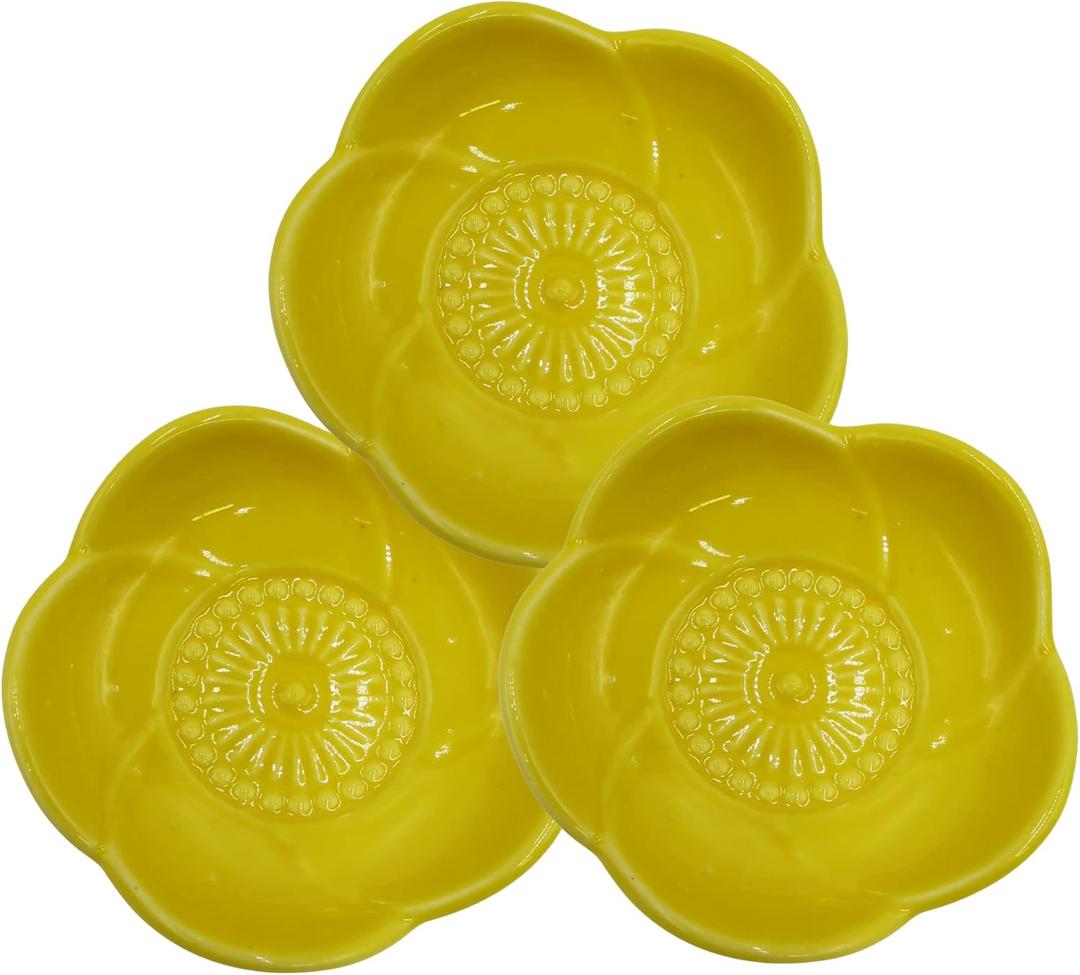 Needzo Tiny Ceramic Yellow Flower Condiment Serving Bowls, Soy Sauce Dipping Dishes and Charcuterie Cups, Kitchen and Party Dish Accessories and Essentials, Set of 3, 3 Inches Diameter