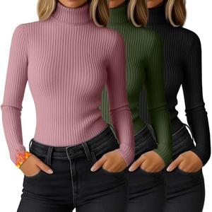 Ficerd Only2 Pack Women's Ribbed Thermal Turtleneck Tops Long Sleeve Stretch Shirts Knitted Fitted Lightweight Base Layer Small