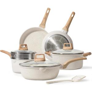 CAROTE Pots and Pans Set Nonstick, White Granite Induction Kitchen Cookware Set, 10 Pcs Non Stick Cooking Set w/Frying Pans & Saucepans(PFOS, PFOA Free)