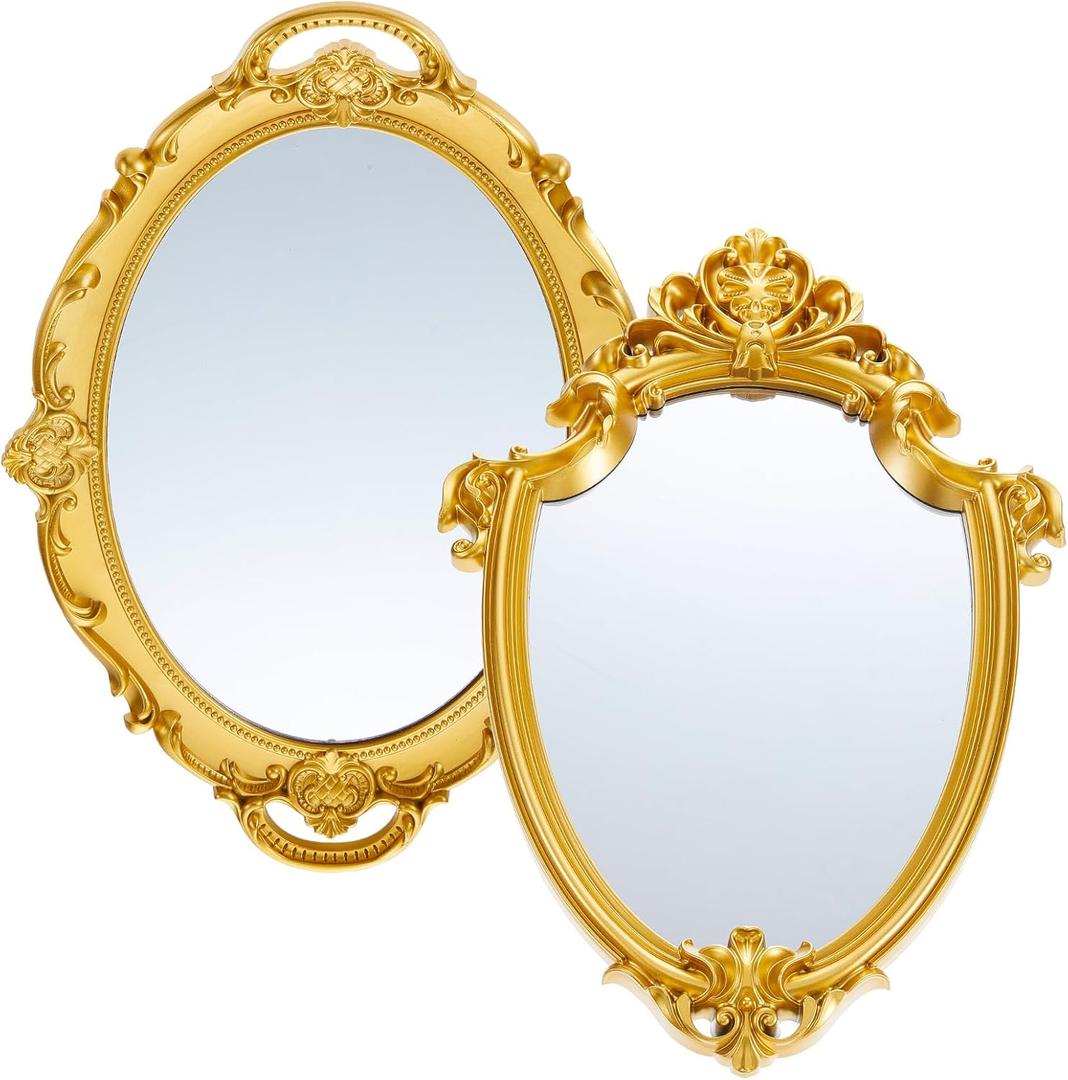 2 Pcs Vintage Gold Mirror Set Including 14.5 x 9.8 Inch Oval Decorative Jewelry Tray 16.3 x 11.2 Inch Antique Wall Mirror Gold Shield Shape Victorian Decor for Bedroom Bathroom Wedding