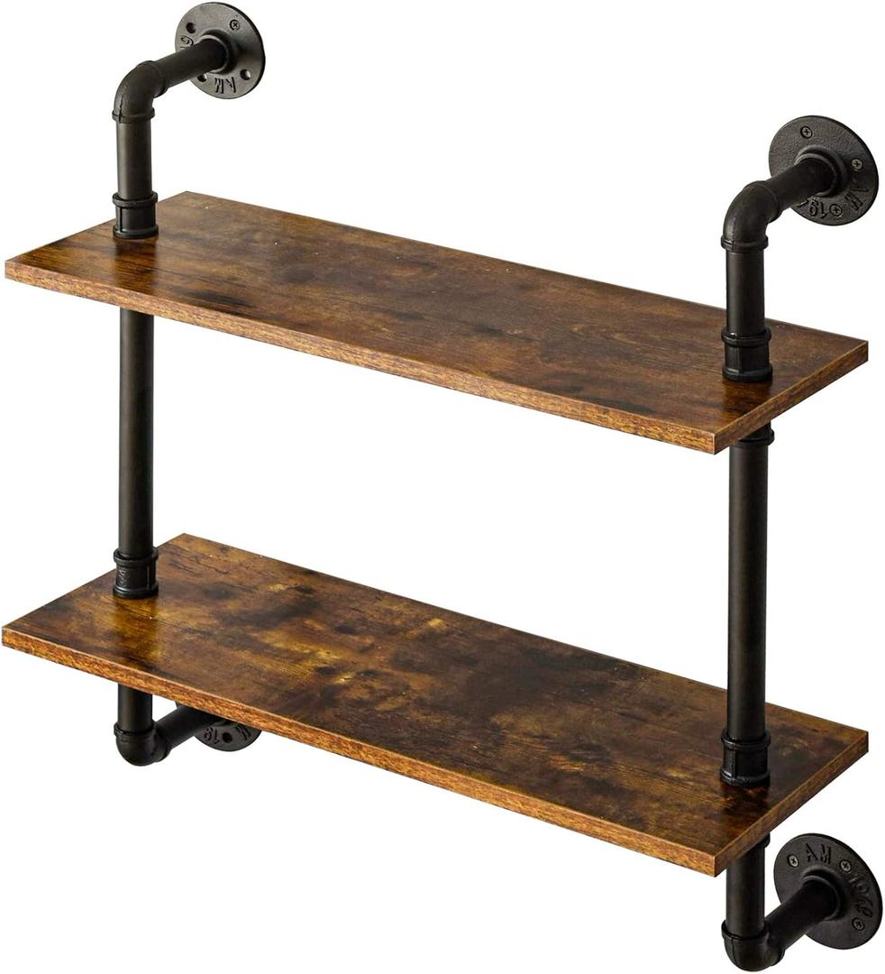 YMYNY Industrial Pipe Shelf Bracket, 2 Tiers Retro Wall Mounted Floating Shelf, Wood DIY Bookshelf, Storage Shelves for Living Room, Bedroom, 24" Farmhouse Bathroom Shelving, HD-UHRF-TM004
