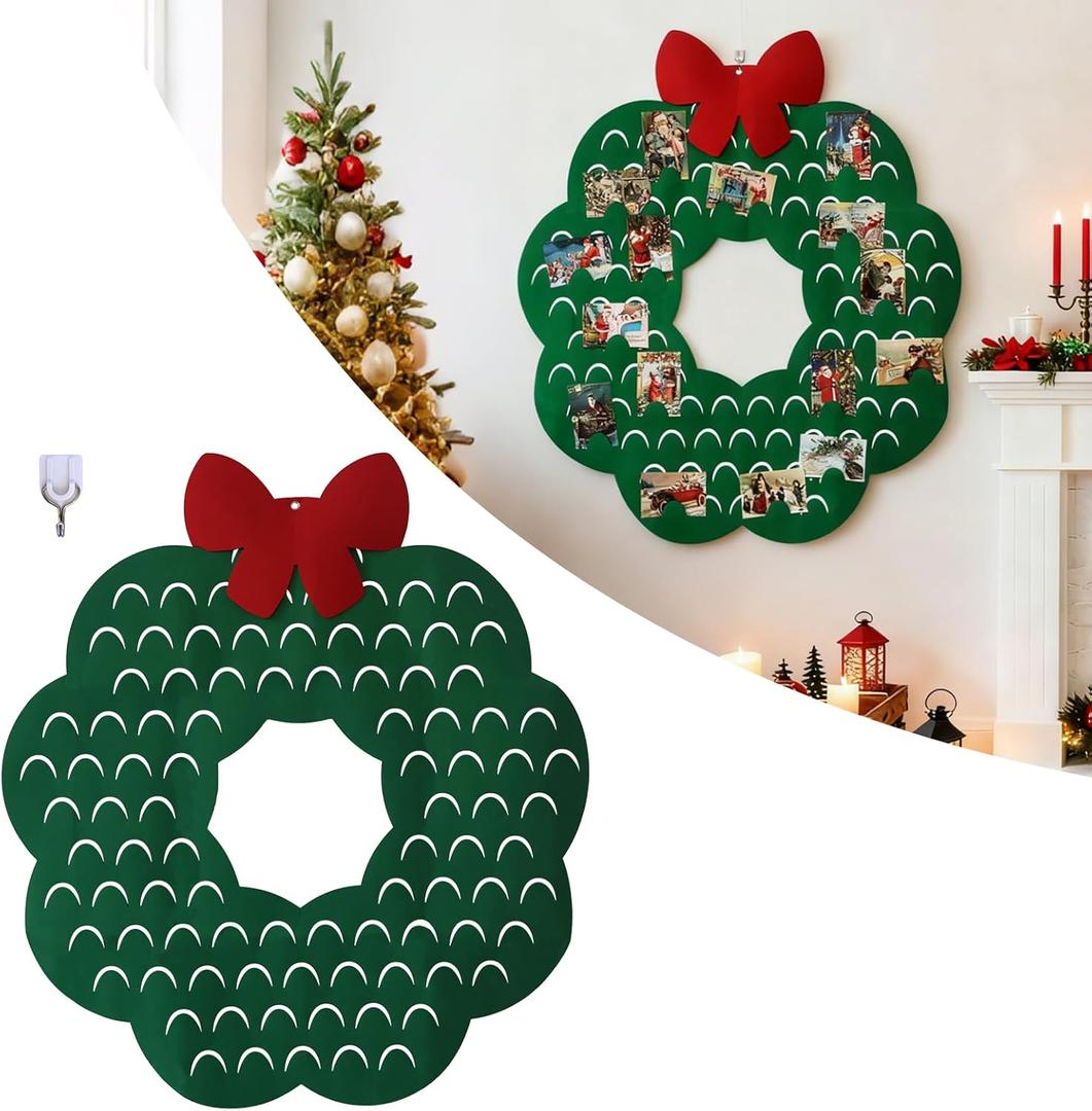 43"X 40" Extra Large Christmas Wreath Card Holder Wall Mount Xmas Wall Hanging Photo Greeting Card Holder Picture Display Holder Organizer Reusable Indoor Home Festival Window Door Wall Decorations