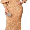 dasmzper Women Sexy Sequin Off The Shoulder Puff 3/4 Sleeve Bodycon Dress Formal Party Cocktail Evening Midi Dress XL