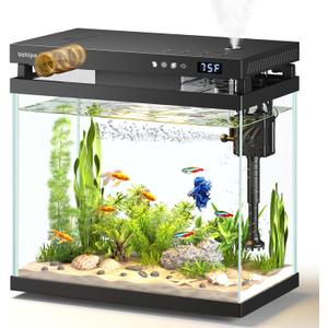 Fish Tank, 2.2 Gallon Glass Aquarium, Small Fish Aquarium Kits with Smart Humidifier, Auto Feeder, Silent Water Pump, Temperature Display & 7-Color Lighting, for Office & Home - Black