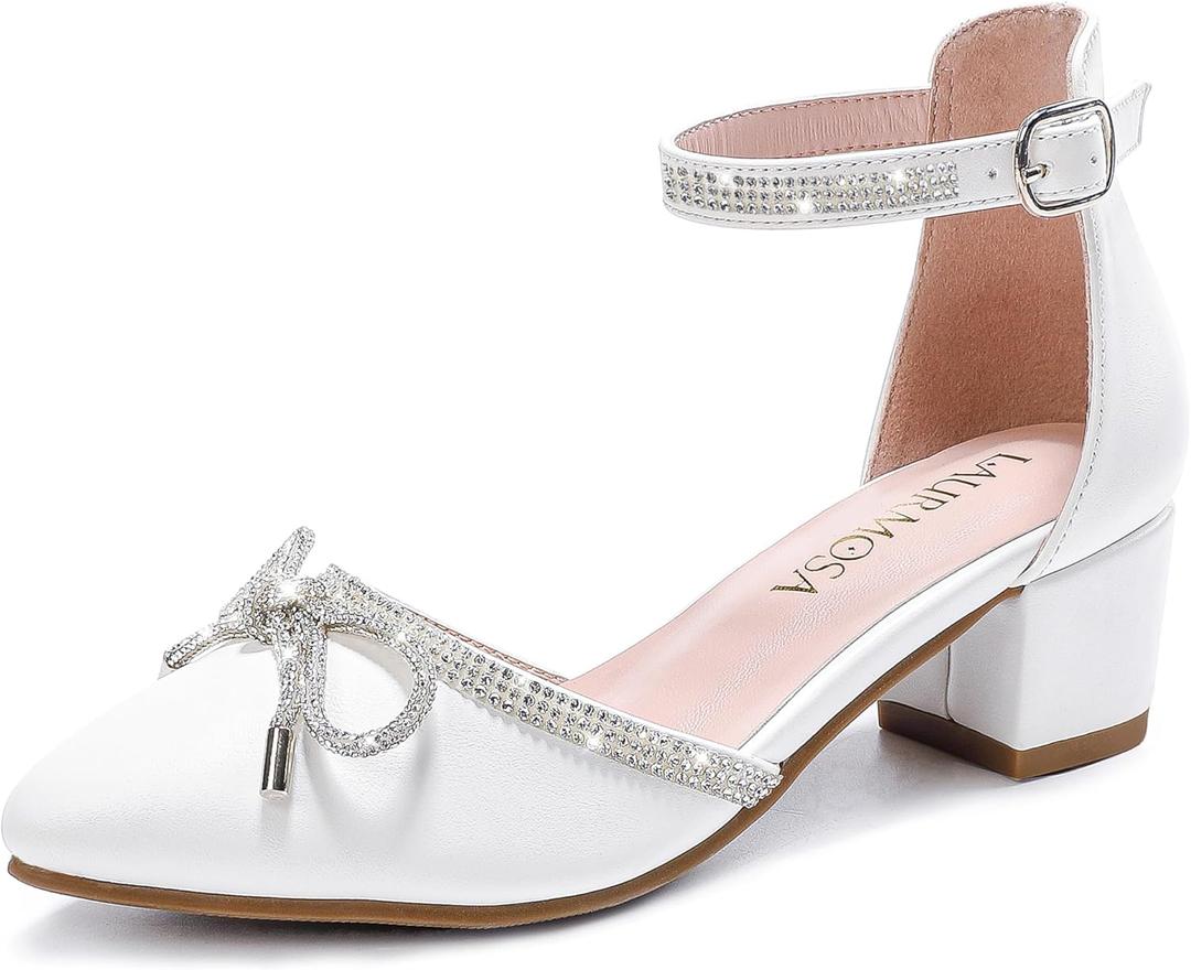LAURMOSA Girls Sandals Closed Toe High Heels Pointed Toe Ankle Strap Pumps Flower Girl Dressy Shoes in Wedding Party Cute Bowknot Chunky Block Heeled for Little Big Kids,1 Big Kid