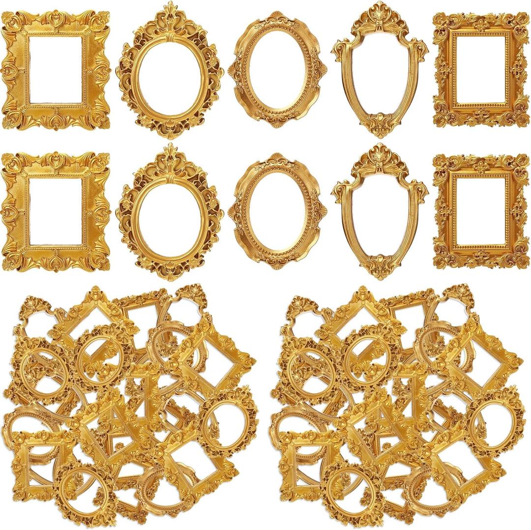 Vicenpal 60 Pcs Mini Gold Picture Frames Vintage Resin Tiny Photo Frame Antique Miniature Mini Vintage Picture Frame for Jewelry Display DIY Nail Photography Home Hotel Wedding Christmas Tree Decor