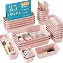 25 PCS Pink Drawer Organizer Set, 4 Size Interlocking Plastic Storage Bins for Office Supplies, Jewelry Makeup Vanity, Bathroom Kitchen, Home Organization Closet, Gadgets Small Items
