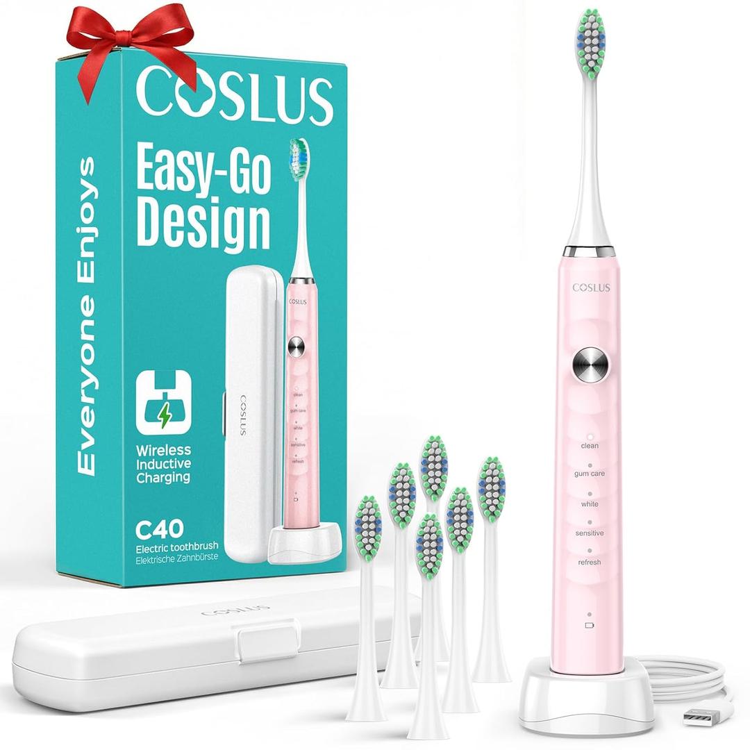 COSLUS Sonic Electric Toothbrush for Kids & Adults C40(DY-108Pro): 47000 VPM for Deep Cleaning with Travel Case - 5 Modes for Sensitive Teeth & Braces, Wireless Charging, 6 Brush Heads, Pink (1PC)