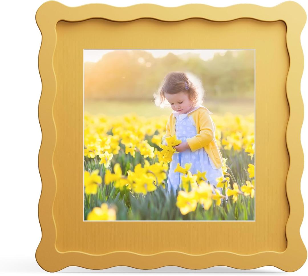 8x8 Picture Frame with Mat for 6x6, Wavy Edge Wooden Real Glass Photo Frame for Tabletop and Wall Hanging, Yellow, 1 Pack