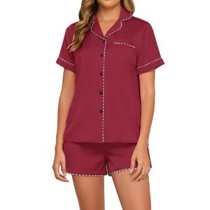 HALCYEEN Easy Care Women's Satin Pajama Set - 2 Piece Short Sleeve Sleepwear, Wrinkle-Resistant Loungewear(Wine Red,XL) (Red, XL)