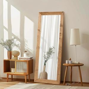 Full Length Mirror 58"x22" Solid Wood Frame Floor Large Mirror for Living Room, Bedroom Hanging or Leaning Wall-Mounted, Light Brown