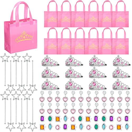 Hungdao 72 Pcs Princess Party Favor for Girls Halloween Princess Birthday Pretend Jewelry Toys Bulk Includes Goodie Bags, Crowns and Tiaras, Rings, Earrings Wands for Halloween Decorations