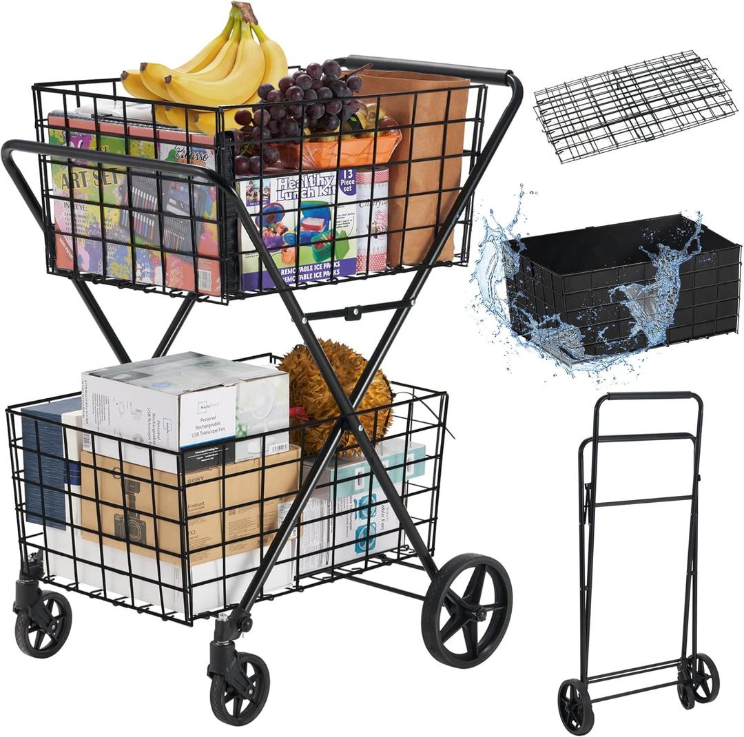 Spurgehom 2-Tier Shopping Cart for Groceries Folding Grocery Cart On Wheels with Removable Double Baskets 360 Rolling Utility Cart with Oxford Cloth Liner, Black (Extra Large)
