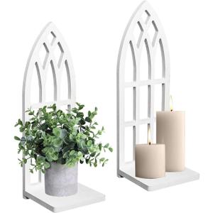 HPC Decor Candle Sconces Wall Decor Set of 2- Handmade Wall Sconce Candle Holder- White Window Shape Wood Wall Home Decor- Farmhouse Wall Decorations for Living Room, Bedroom, Bathroom, Dining Room