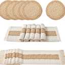 Denique Boho Placemats Set of 13 PCS - Handmade Grass Woven Meal Mats and Natural Cotton Linen Burlap, with 1 Macrame Burlap Table Runner 12x70inch, Table Mats Set for Dining Table Kitchen