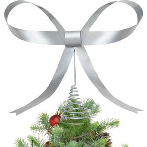 HUTHDAK Large Silver Bow Christmas Tree Topper,9.4 Inch Metal Tree Topper,Silver Bow Christmas Decorations for Xmas Home Decor Holiday Party Indoor Outdoor Shop Office